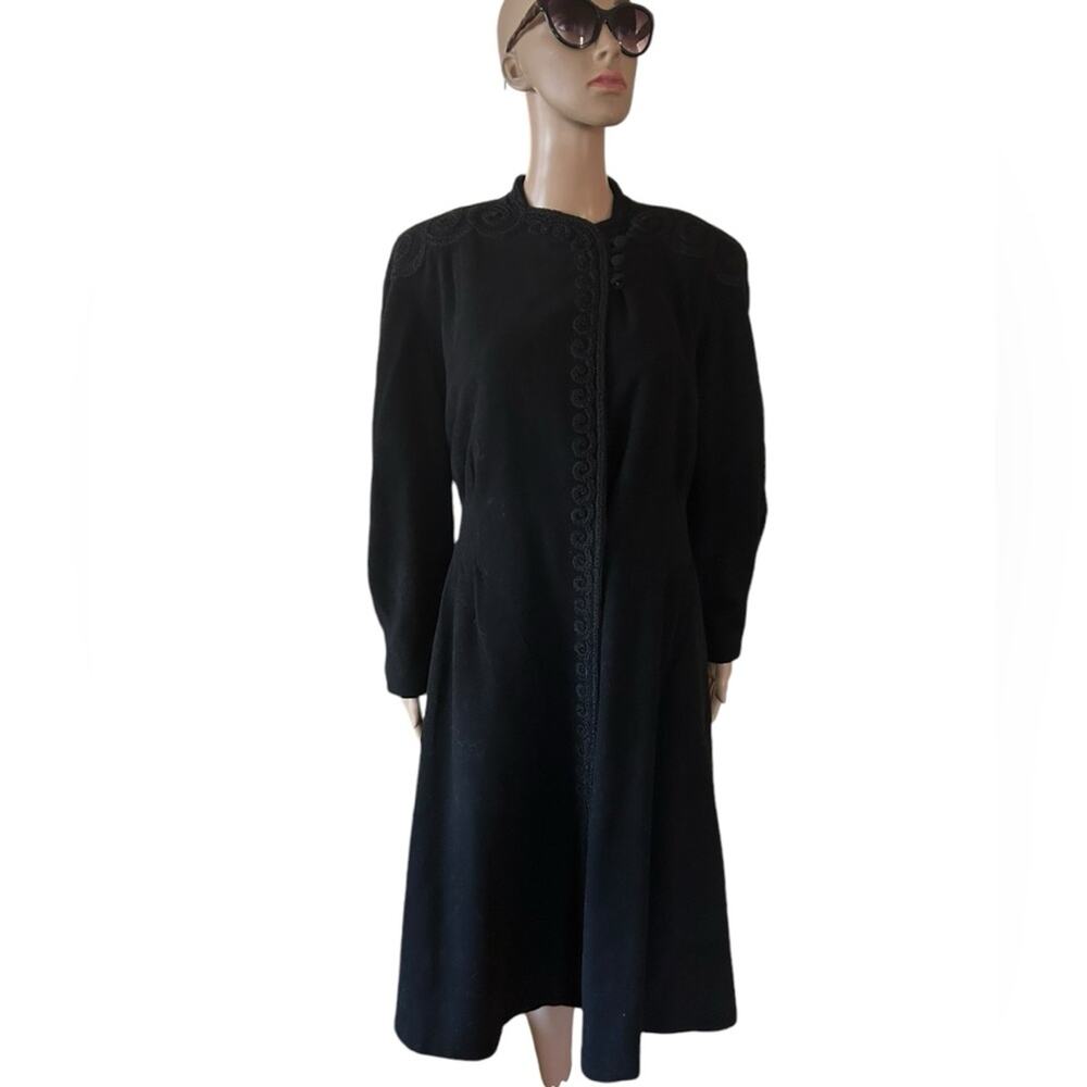 Vintage 40s Brenner Bros Princess Coat L Wool Embroidered Fit & Flare Midi Black